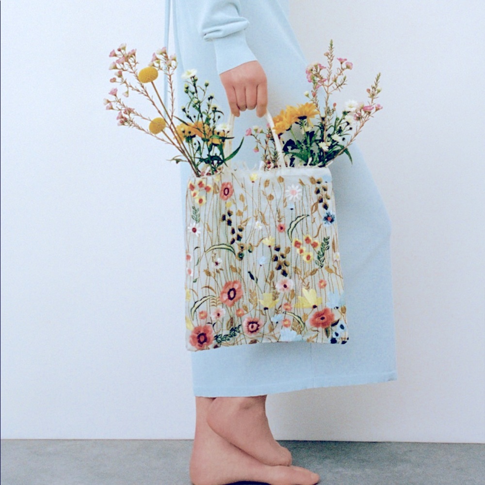 Zara Tulle Floral Embroidery Tote Bag
